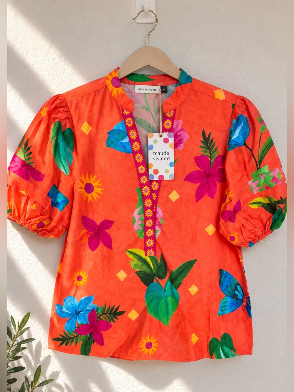 Maude Vivante Coral Tropical Floral Puff Sleeve Blouse Size M NWT